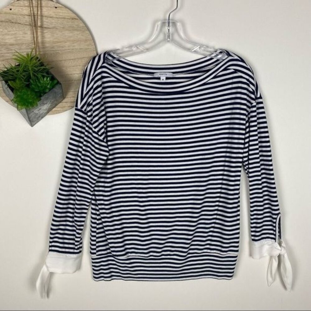 Maette (Stella & Dot) Dark Navy Stripe Tee with Tie Cuff 3/4 Sleeves Size Medium
